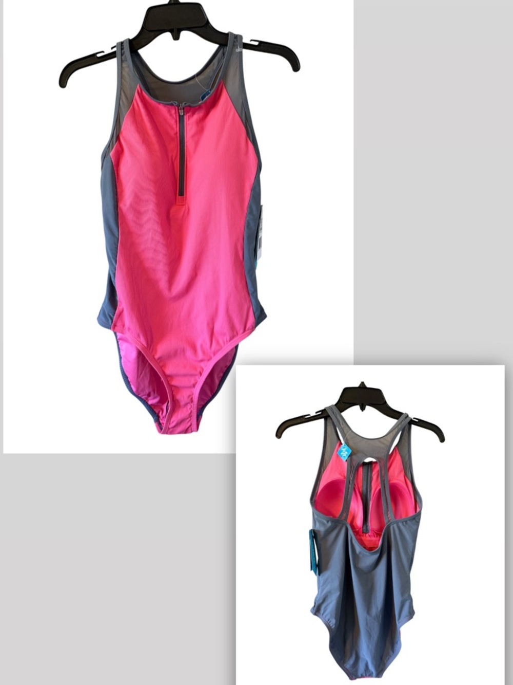 Free Country Women’s One Piece Swimsuit Pink Gray Zipper front M 8/10 NEW